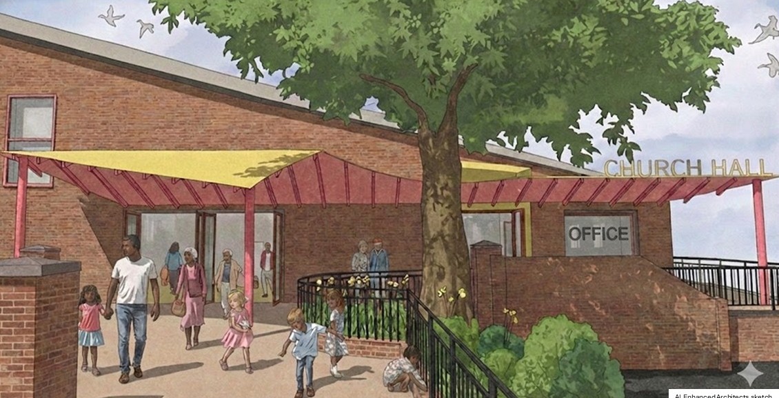 Architect's render of the proposed new entrance with canopy and accessible reception